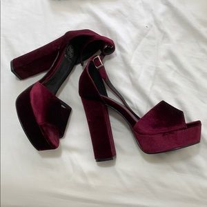 Burgundy fuzzy material high heels